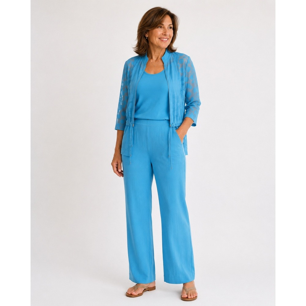 Drapers & Damons Petites 3pc Set Blue Polka Dot Sheer Jacket Shell Pants PM